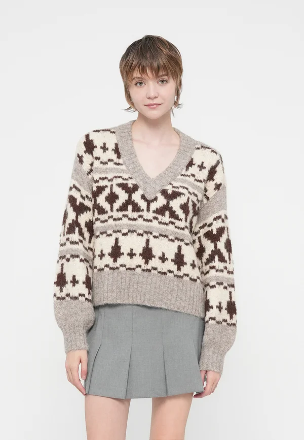 OBJAZTEC MILU PULLOVER - Strickpullover - humus/cloud dancer/seal brown
