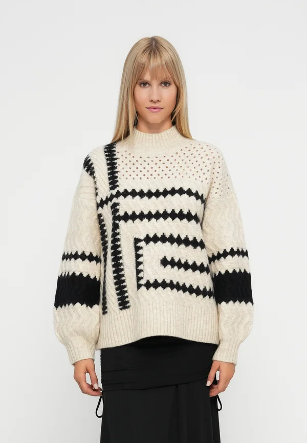 OBJPETRINE PULLOVER - Strickpullover - white sand/black
