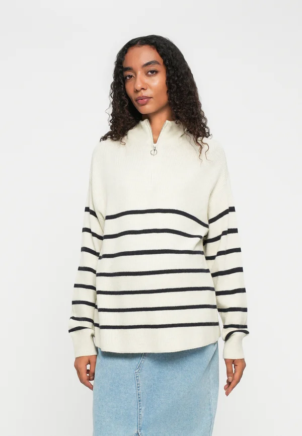 OLMIBI HIGHNECK ZIP - Strickpullover - pumice stone/dark navy
