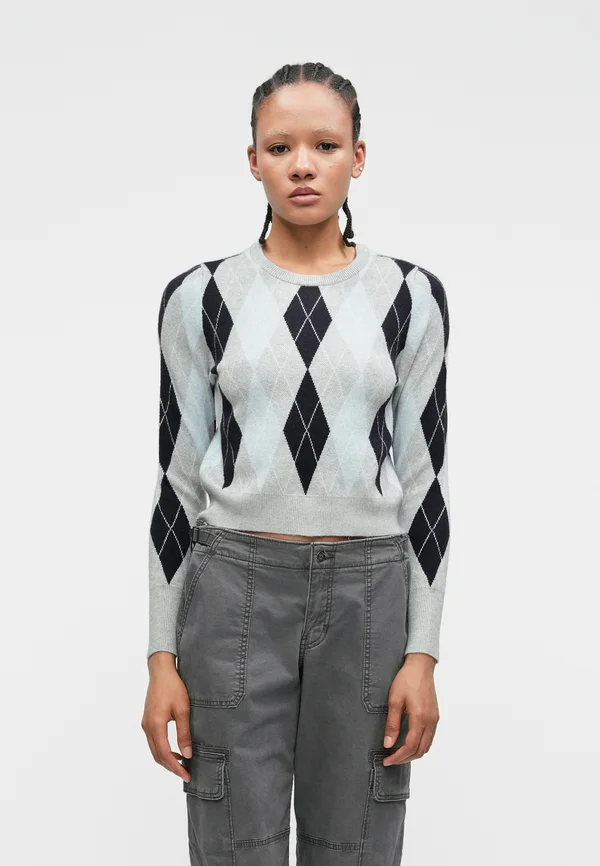 ONLIBI CHECK O NECK - Strickpullover - light grey melange/night sky/cashmere blue melange/babys