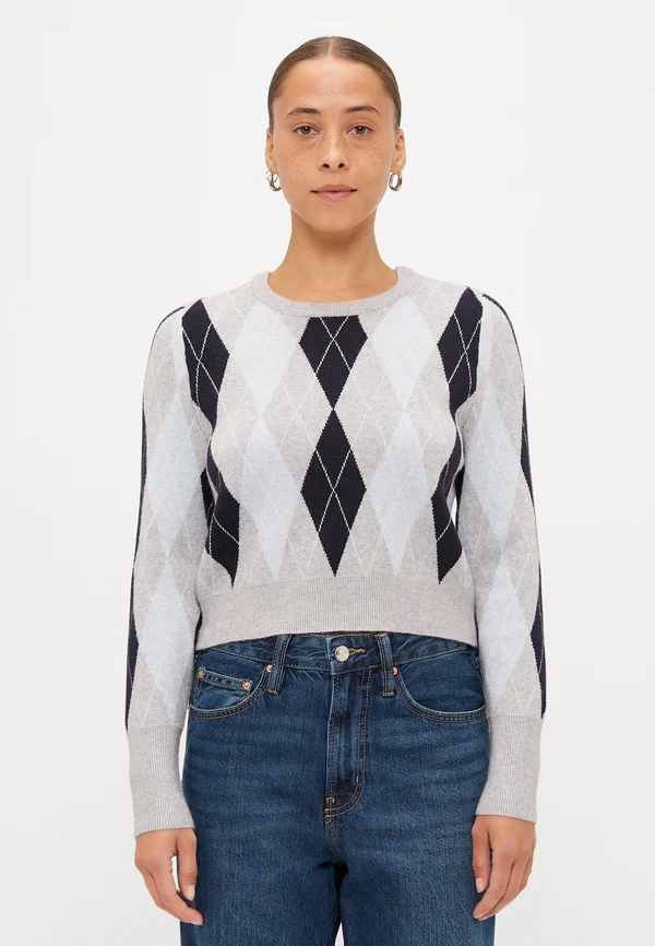 ONLIBI CHECK O NECK  - Strickpullover - light grey melange/night sky/blue