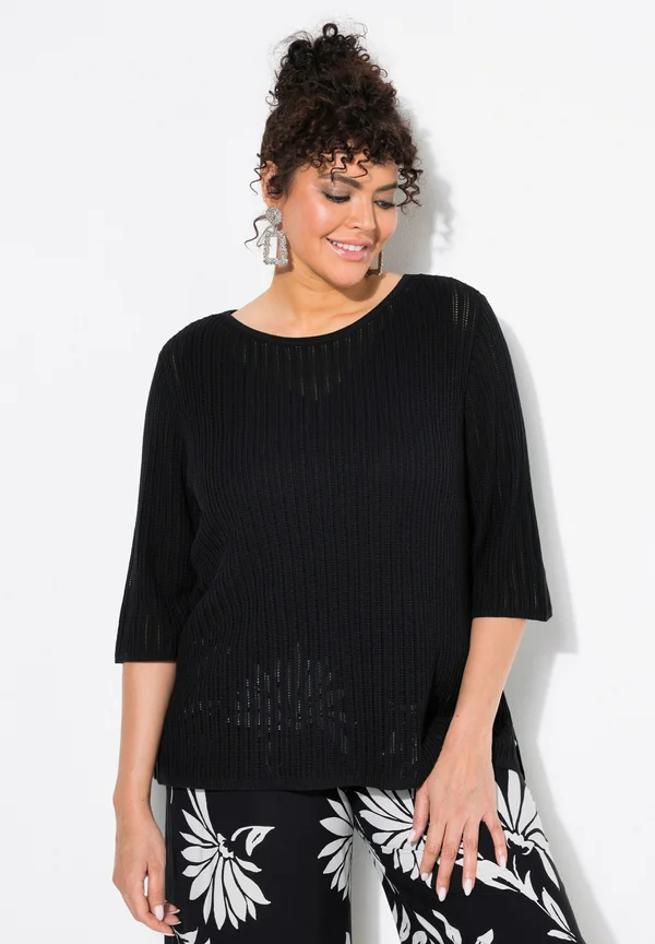 OPENWORK STRIPED 3/4 SLEEVE - Strickpullover - black