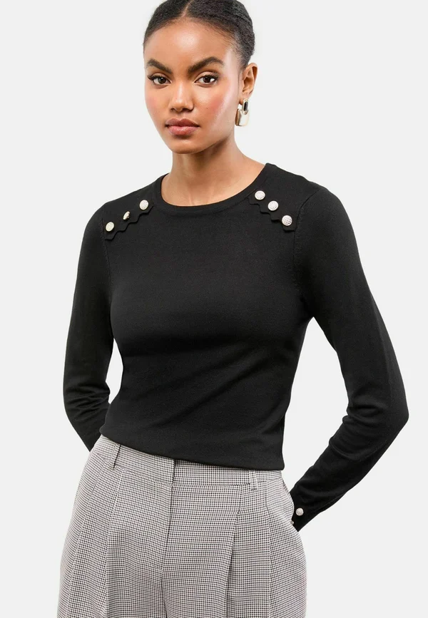 PETITE FIT - SCALLOP BUTTONED CREW NECK - Strickpullover - black