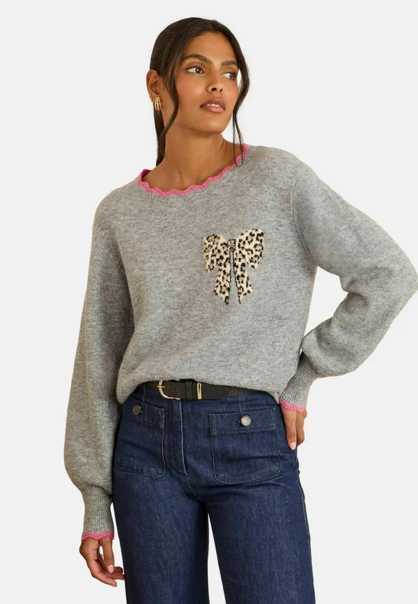 PETITE FIT - SCALLOP - Strickpullover - grey leopard print bow