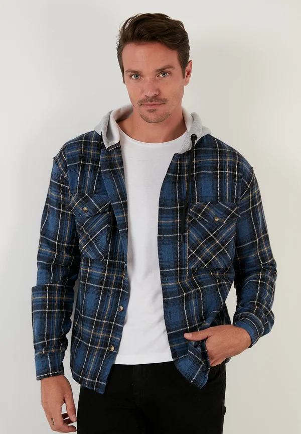 PLAID PATTERNED DOUBLE POCKET HOODED WINTER - Übergangsjacke - navy blue