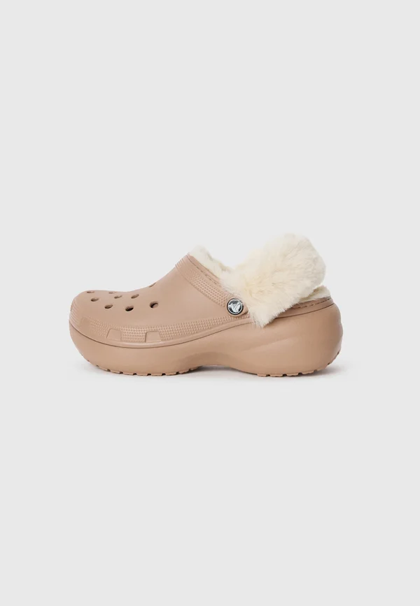 PLATFM LINED FUZZ STRAP  - Pantolette flach - latte
