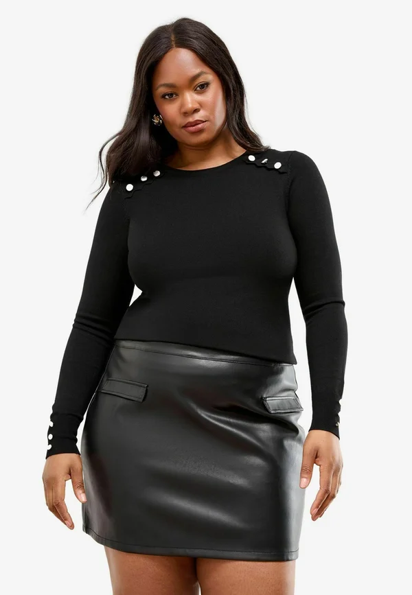 PLUS SIZE FIT - SCALLOP BUTTONED CREW NECK JUMPER . - Strickpullover - black