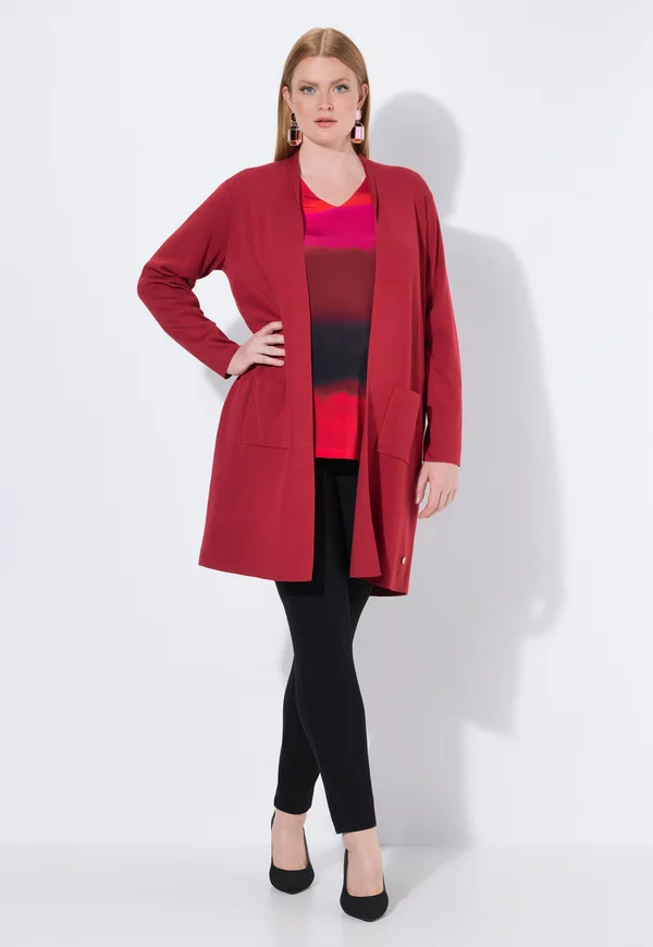 PLUS SIZE LONG OPEN FRONT - Strickjacke - cherry red