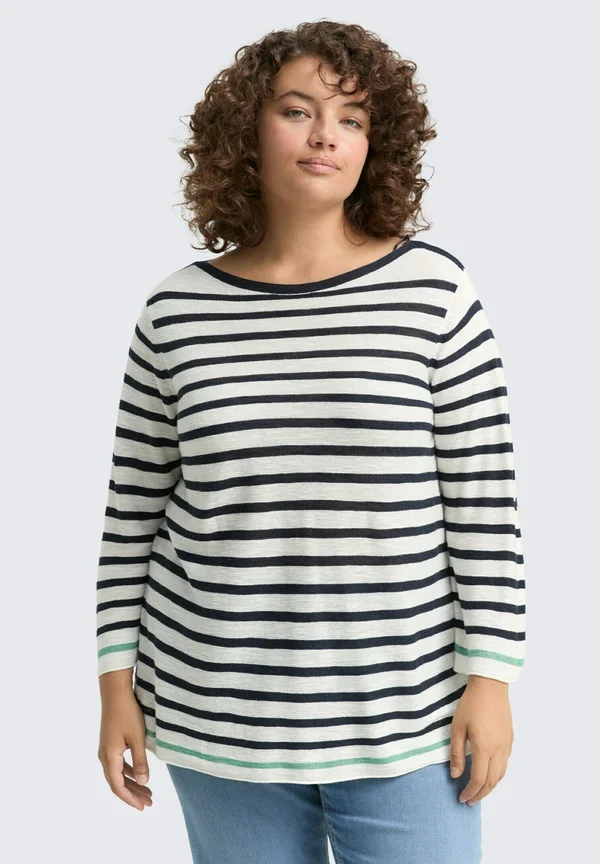 PLUS SIZE -  MIT STREIFENMUSTER
 - Strickpullover - offwhite green navy stripe