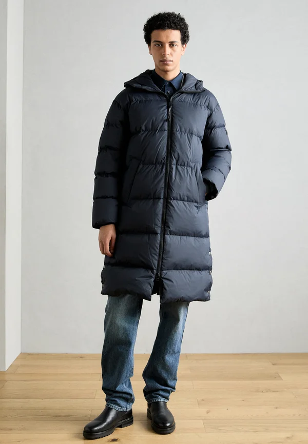 PUFFER LONG HOOD WELT POCKETS SIDE VENTS - Daunenmantel - dark navy