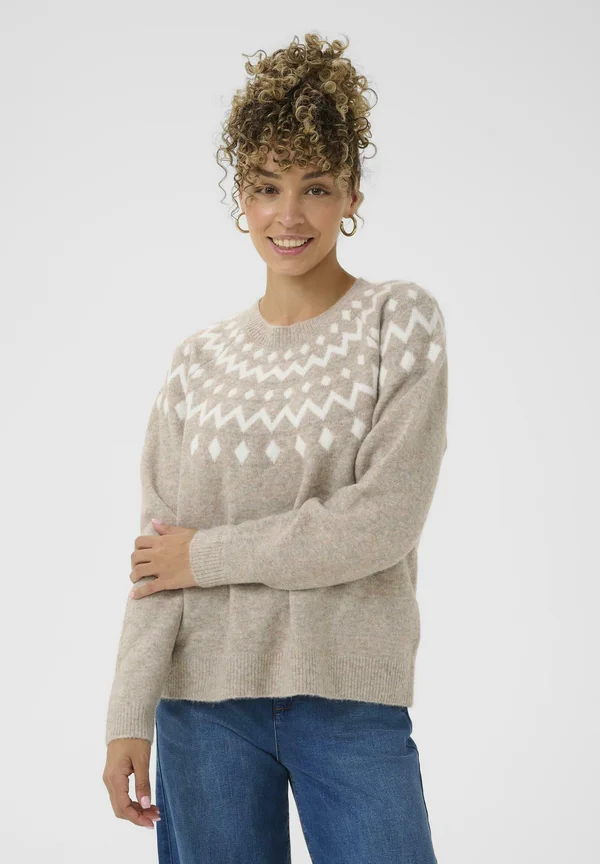 PULLOVER - Strickpullover - beige melange w white jaquard