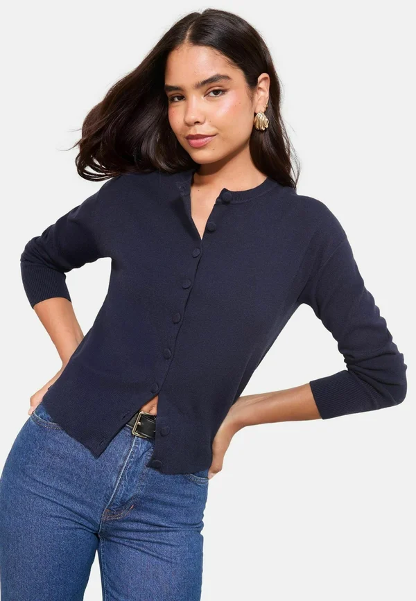 REGULAR FIT - COVERED BUTTON - Strickjacke - navy
