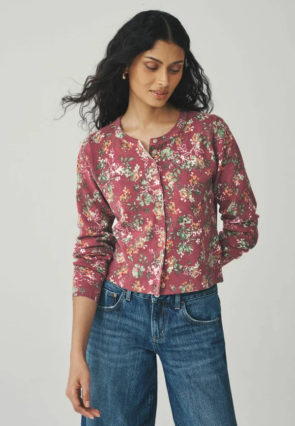 REGULAR FIT CREW NECK - Strickjacke - berry red floral print