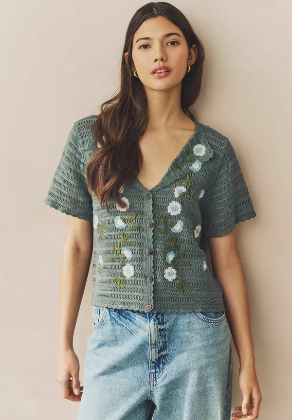 REGULAR FIT EMBROIDERED FLORAL BUTTON UP - Strickjacke - green khaki