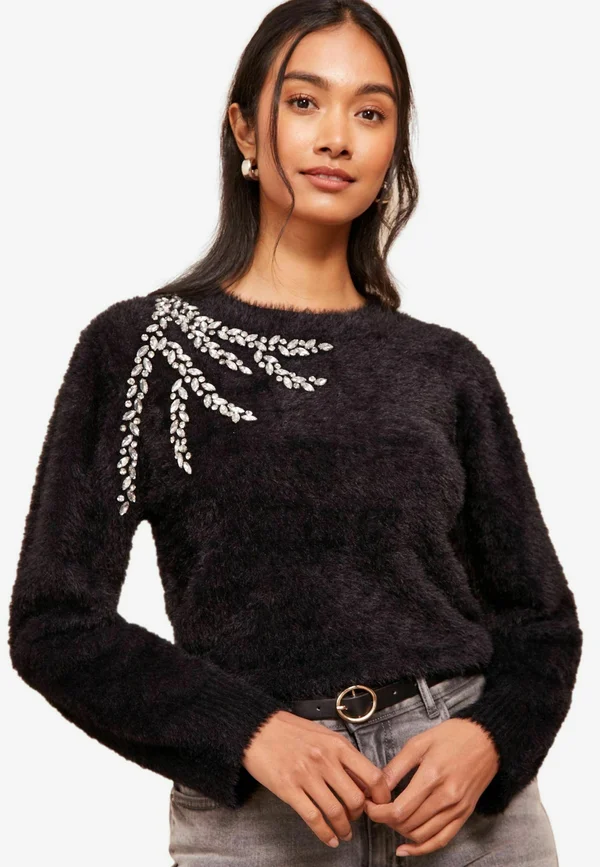 REGULAR FIT EYELASH EMBELLISHED NECK - Strickpullover - black