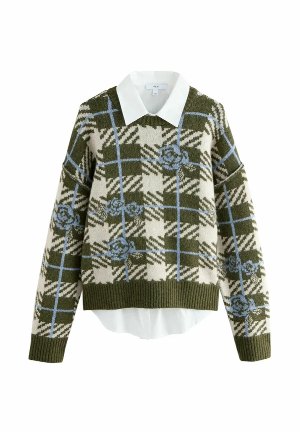 REGULAR FIT - FLORAL CHECK LAYER  - Strickpullover - khaki green