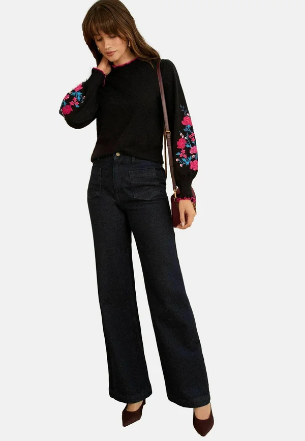 REGULAR FIT - FRILL NECK EMBROIDERED  - Strickpullover - black floral