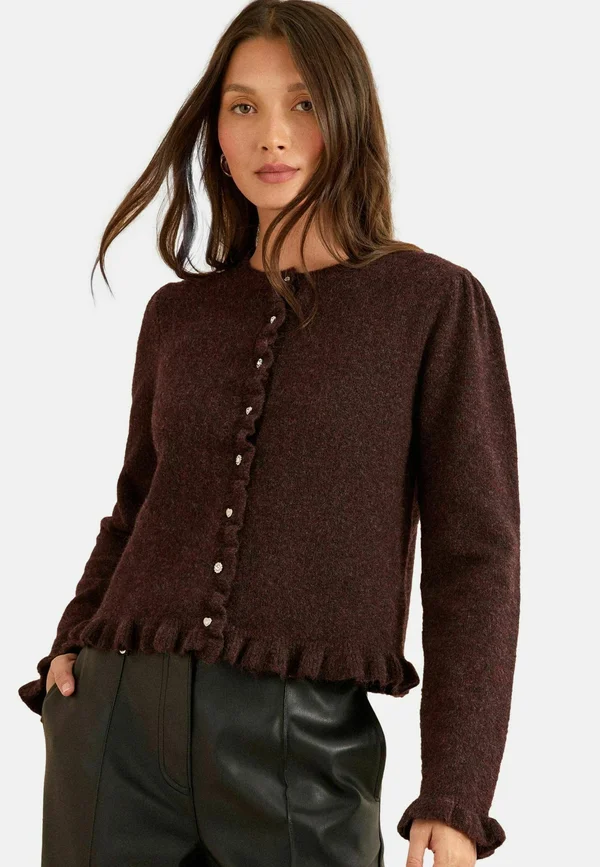 REGULAR FIT - FRILL  - Strickjacke - chocolate brown