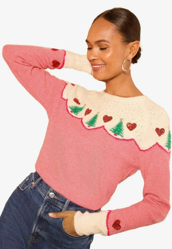 REGULAR FIT - PATTERN CREW NECK   - Strickpullover - pink christmas tree with hearts