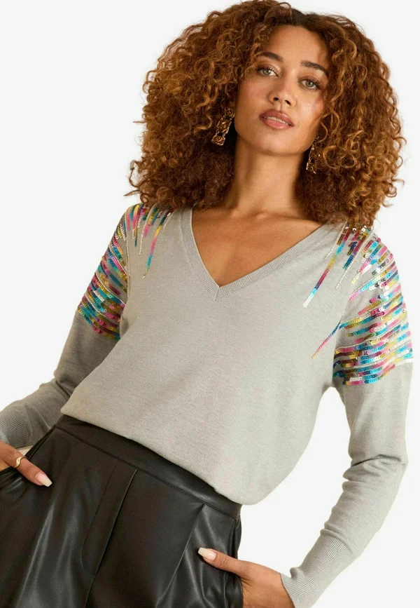 REGULAR FIT-SEQUIN V-NECK  - Strickpullover - grey rainbow