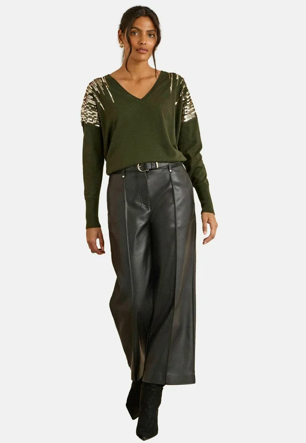 REGULAR FIT-SEQUIN V-NECK  - Strickpullover - khaki green