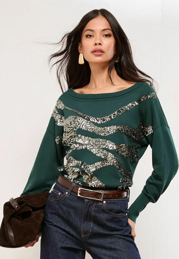REGULAR FIT - SLASH NECK - Strickpullover - green zebra sequin