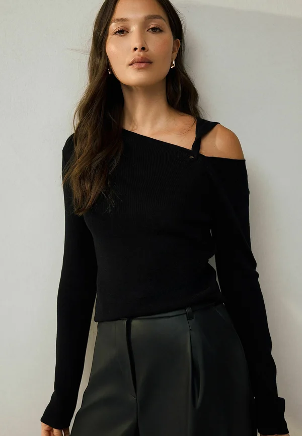 REGULAR FIT - SOFT TOUCH RICH TWIST SHOULDER LONG SLEEVE - Strickpullover - black