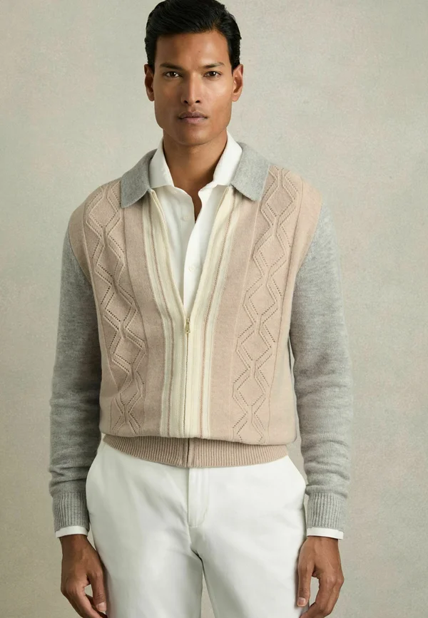 REGULAR FIT-TENNANT COLOURBLOCK ZIP THROUGH  - Strickjacke - oatmeal white