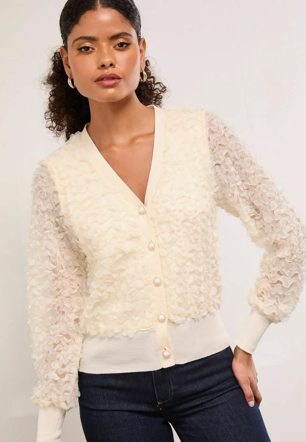 REGULAR FIT - TEXTURED 3D TRIM V NECK   - Strickjacke - ivory