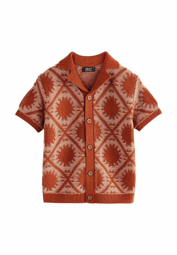 REGULAR FIT - TEXTURED REVERE COLLAR SHORT SLEEVE                  - Strickjacke - rust brown