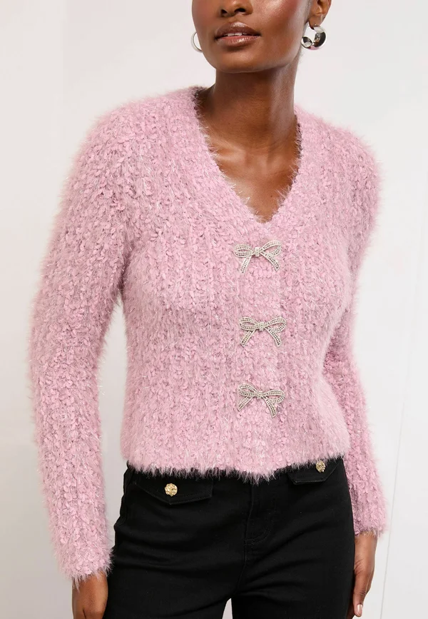 REGULAR FIT - V-NECK TINSEL EMBELLISHED BOW BUTTONED  - Strickjacke - pink
