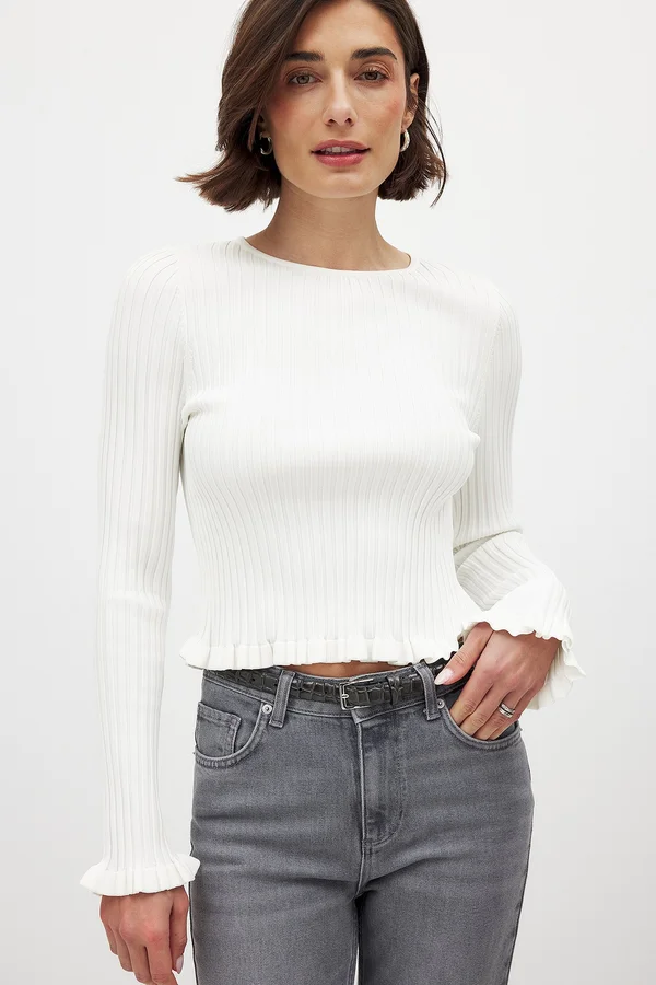 ROUND NECK FRILL - Strickpullover - offwhite