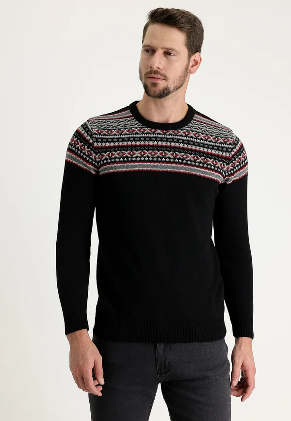 RUNDHALSAUSSCHNITT GEMUSTERTE  - Strickpullover - si̇yah