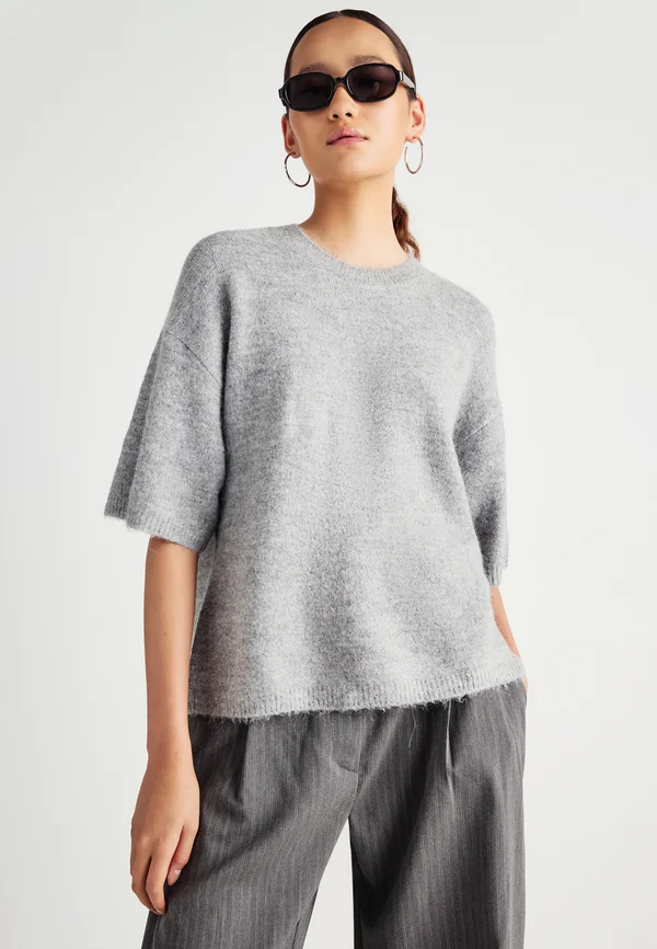 SHORT SLEEVE - Strickpullover - middle grey melange