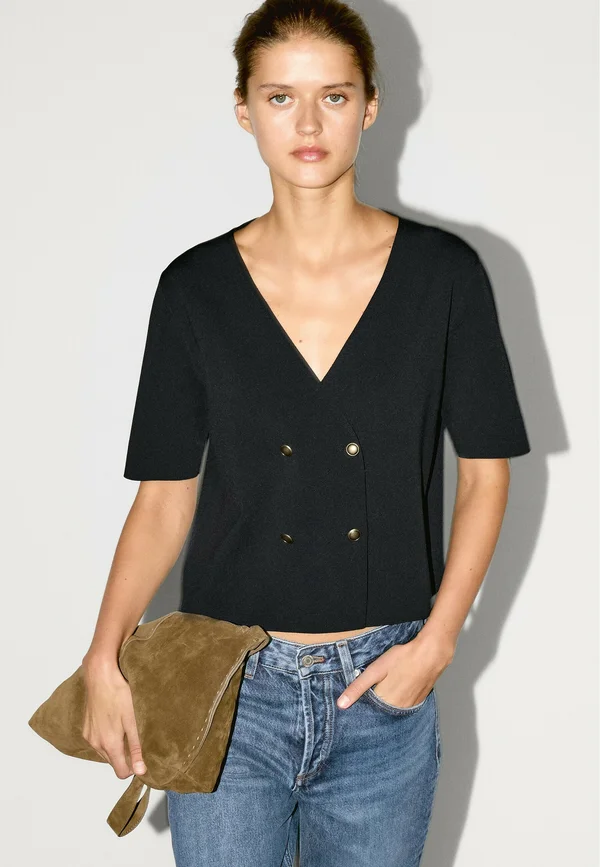 SHORT SLEEVE V-NECK WITH BUTTONS - Strickjacke - dark blue