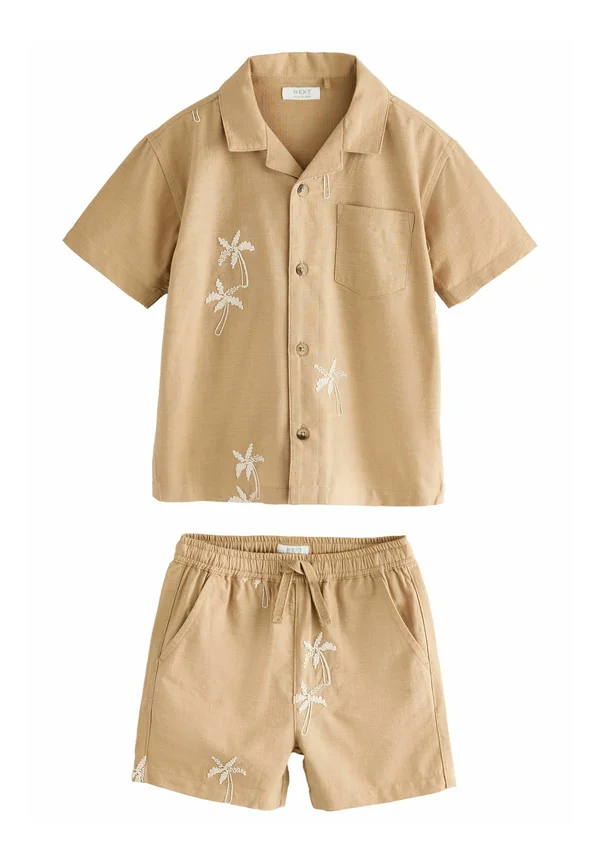 SHORT SLEEVES REVERE COLLAR TEXTURE SET - Shorts - tan brown texture palm