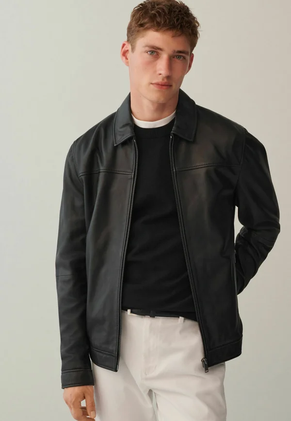 SIGNATURE LEATHER ZIP UP COLLARED - Lederjacke - black
