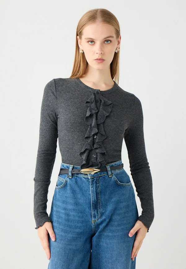 SKINNY FIT ROUND NECK LONG SLEEVE RUFFLED - Strickjacke - anthracite