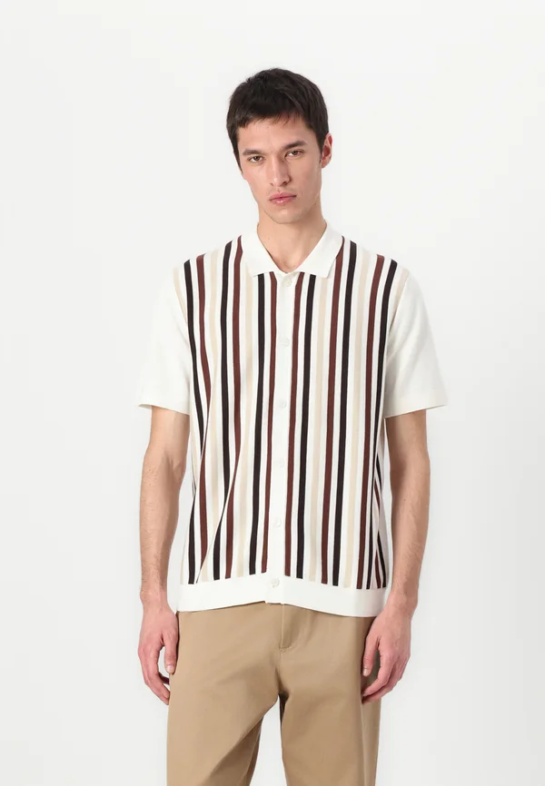 SLHMATTIS STRIPE POLO CARDIGAN - Strickjacke - egret/chocolate torte/ oatmeal/fudgesickle
