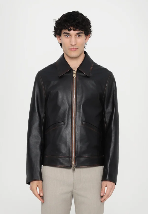 SLIM FIT JACKET - Lederjacke - dark brown