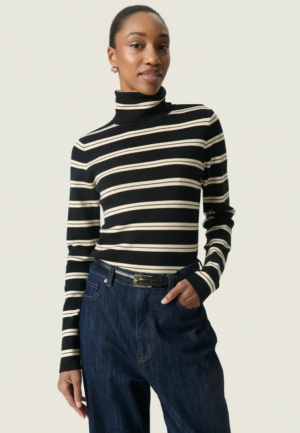 SLSpina Striped Rollneck - Strickpullover - black w sandshell stripe