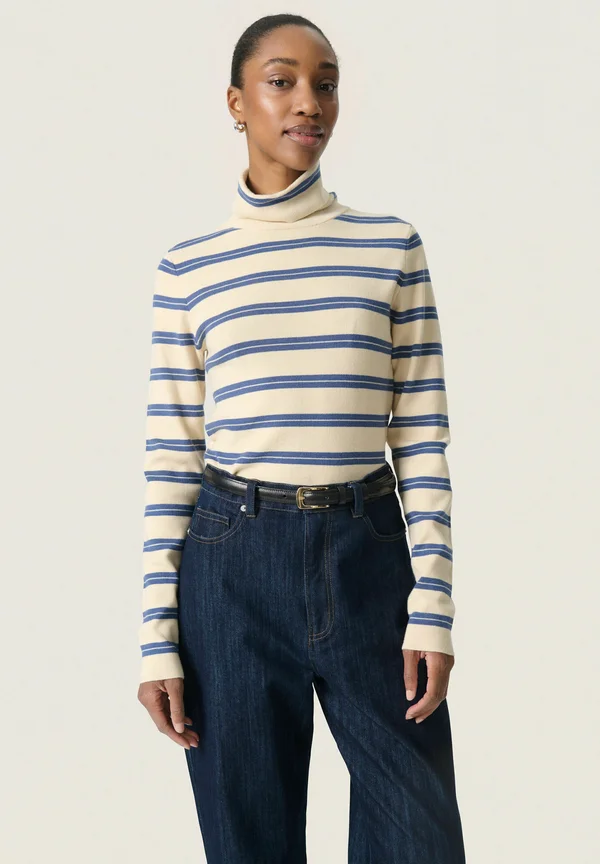 SLSpina Striped Rollneck - Strickpullover - sandshell w bijou blue stripe