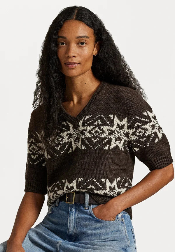 SNOWFLAKE V-NECK SHORT-SLEEVE SWEATER - Strickpullover - brown multi