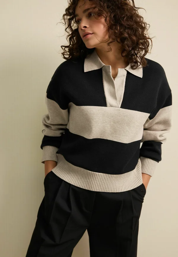 SOFT TOUCH COSY COLLARED REGULAR FIT - Strickpullover - neutral black stripe