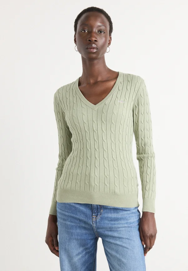 STRETCH CABLE V-NECK - Strickpullover - faded sage