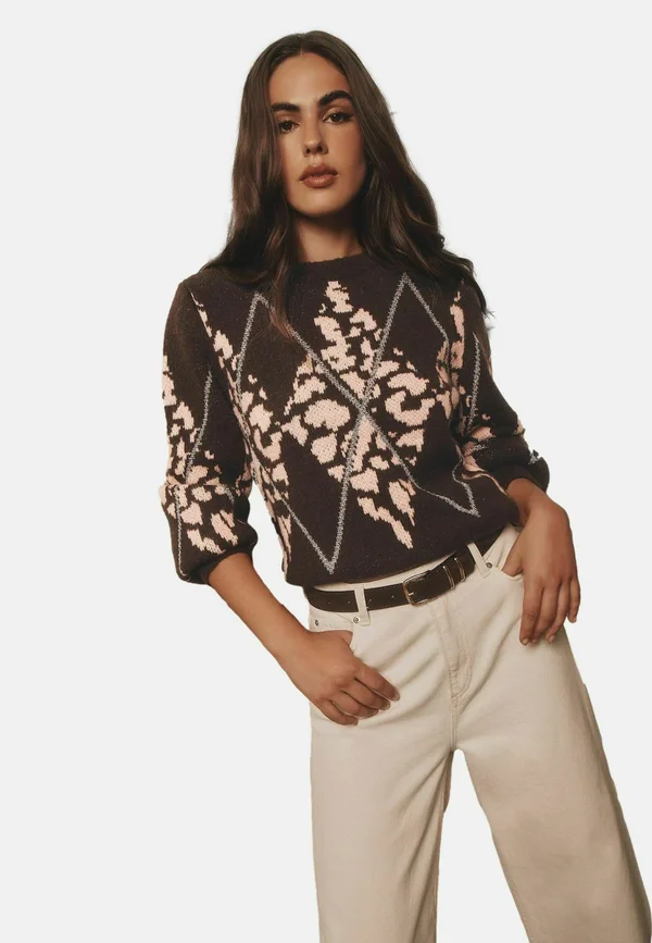 Strickpullover - brown argyle leopard