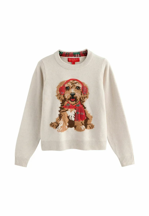 Strickpullover - cream tartan dog graphic