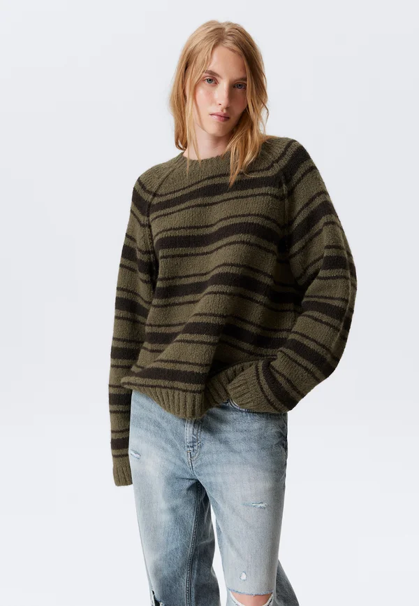 Strickpullover - dark khaki dark brown stripe