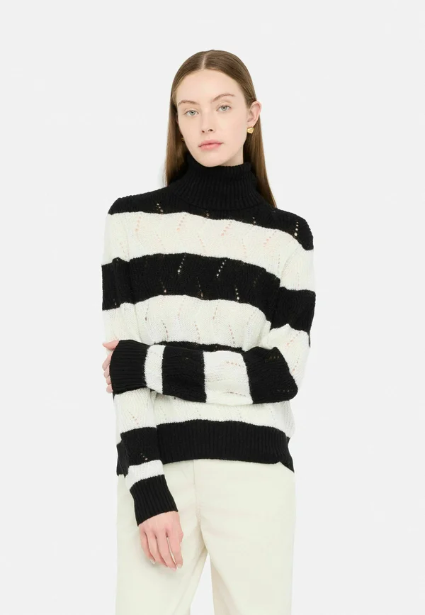 STRIPED AND POLO-NECK - Strickpullover - black
