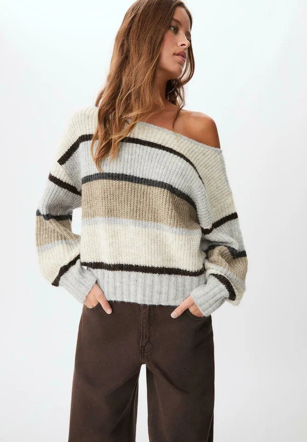 STRIPED BOAT NECK - Strickpullover - mottled light brown